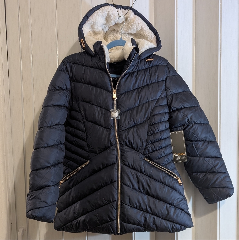 Big Chill Dark Blue Girls Puffer Jacket with Hood, Sz L
